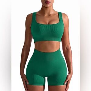 Two Piece Ribbed Workout Set - Sports Bra & High Waist Shorts